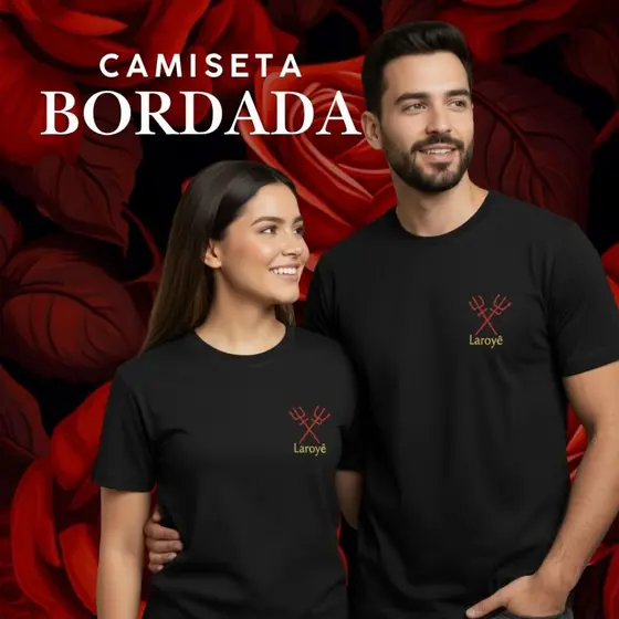 Camiseta Bordada Exú Laroye Tridente Orixá - 100%  Algodão Penteado 30.1 - Unissex Candomble Umbanda