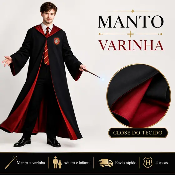 Fantasia Harry Potter Adulto Infantil Manto Bruxo + Varinha Halloween Carnaval Entrega Rápida
