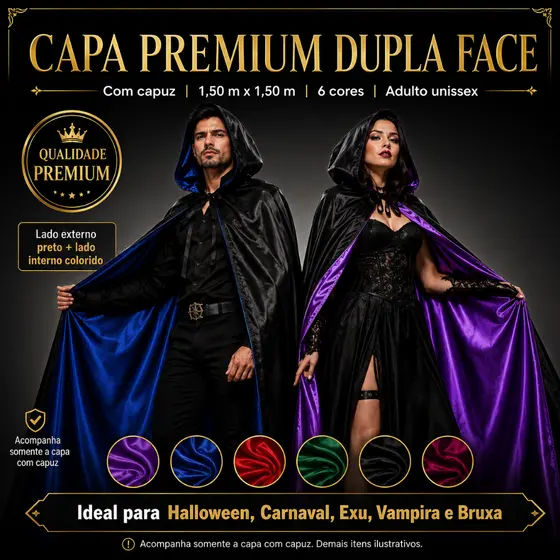 Capa Premium Dupla Face Com Capuz Adulto Unissex Bruxa Vampira Halloween Carnaval