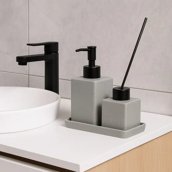 Kit Lavabo Banheiro e Difusor Aromatizador em Cerâmica Granilite Cinza