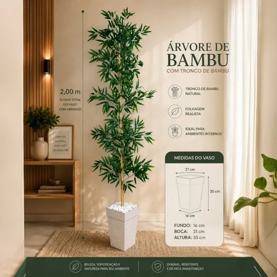 Planta Bambu Artificial 2 Metros Grande Mosso e Vaso de Polietileno