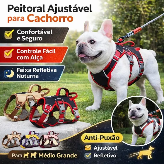 Peitoral Cachorro Ajustável Refletivo Anti Puxão com Alça e Anel D Confortável para Pequeno Médio Grande Passeio Treino