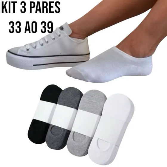 Kit Com 3 pares de Meias Invisível  33 ao 39 Soquete Sapatilha Unissex