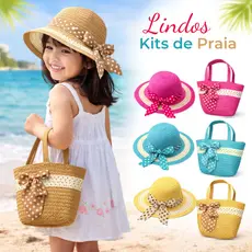 Kit Chapéu + Bolsinha Infantil Menina Moda Praia Piscina
