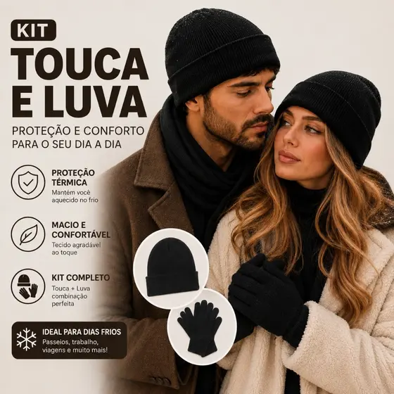 Touca de Lã Preta + Luva Lã Inverno Gorro Frio Feminino  Maculino