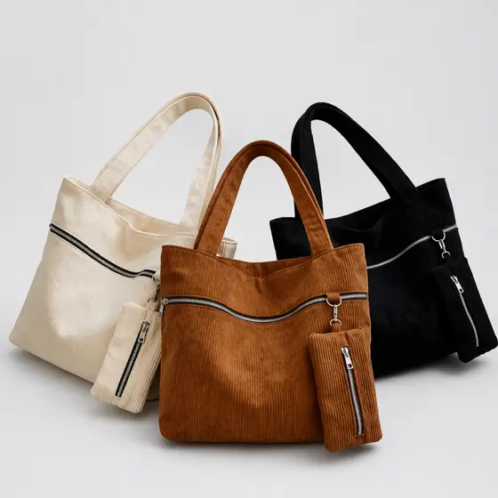 Bolsa Feminina Grande Veludo Cotelê Com Necessaire Moda Tendência Premium Ombro