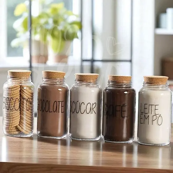 Kit Cantinho do Café - ESCOLHA SEU KIT - Potes de Vidro 810 ml com Tampa de Cortiça + Adesivos ou Sem