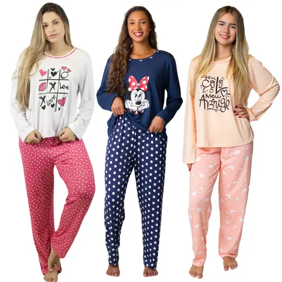 KIT 3 Pijamas Longo Suede Feminino Adulto - Estampado