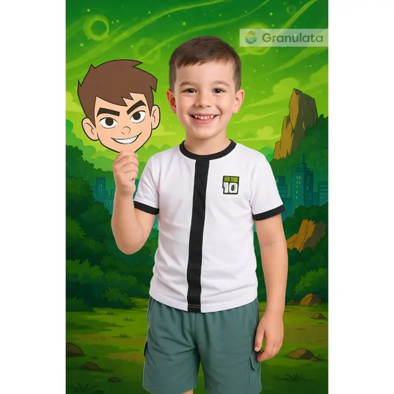 Fantasia Infantil Ben 10 com Máscara EVA Conjunto Camiseta e Bermuda P ao EXG Carnaval Aniversario