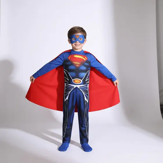 Fantasia Infantil Superman Macacão Longo com Máscara EVA 2 a 10 Anos - Pronta Entrega