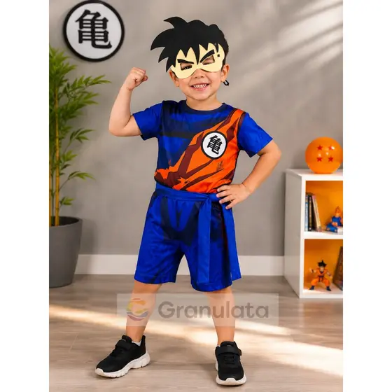 Fantasia Infantil Macacão Curto Goku com Máscara EVA e Faixa - 2 a 8 anos - Pronta Entrega