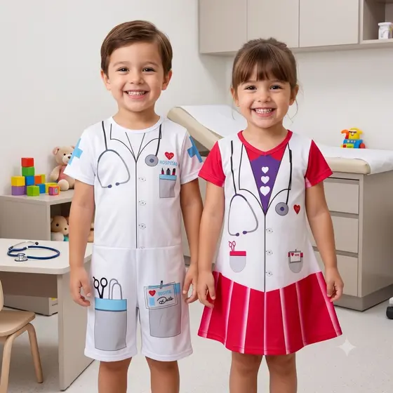 Fantasia Infantil Médico e Médica Macacão ou Vestido Temático 2 a 10 Anos - Aniversário Festas