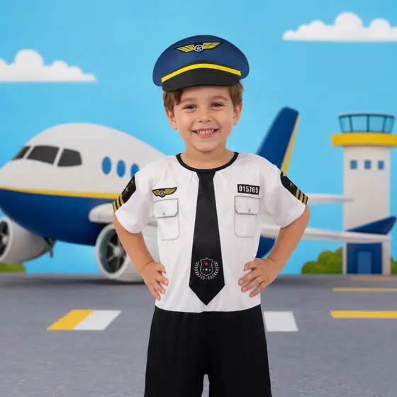 Fantasia Infantil Piloto de Avião com Macacão e Máscara Aviador P ao GG Pronta Entrega