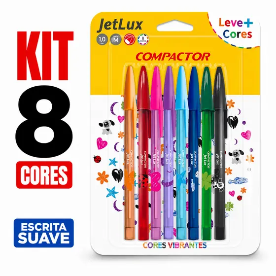 Caneta Esferográfica Jet Lux 8 Cores Compactor Escrita Suave e Cores Vibrantes