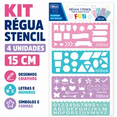 Kit Régua Stencil 15cm Tilibra Fun 4 Letras Números Símbolos Molde Desenho Planner Escolar Criativo