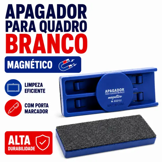 Apagador Para Quadro Branco Magnético BRW Com Porta Marcador Azul Alta Durabilidade Escolar Escritório