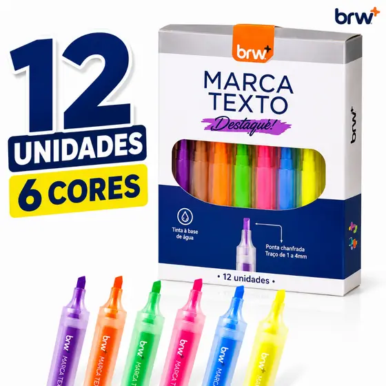Marca Texto Fluorescente BRW Caixa Com 12 Unidades Ponta Chanfrada 1-4mm Escolar Escritório Original