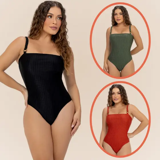 Maiô Body Banho de Mar sem Bojo Alça Trançada Compressão na Medida Certa Tecido Texturizado FPU 50+