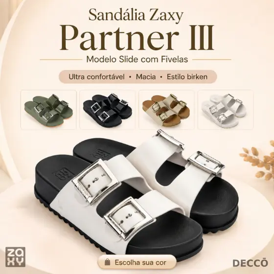 Sandália Zaxy Partner III com Fivelas Birken Modelo Slide Ultra Confortável Moda Feminina Macia