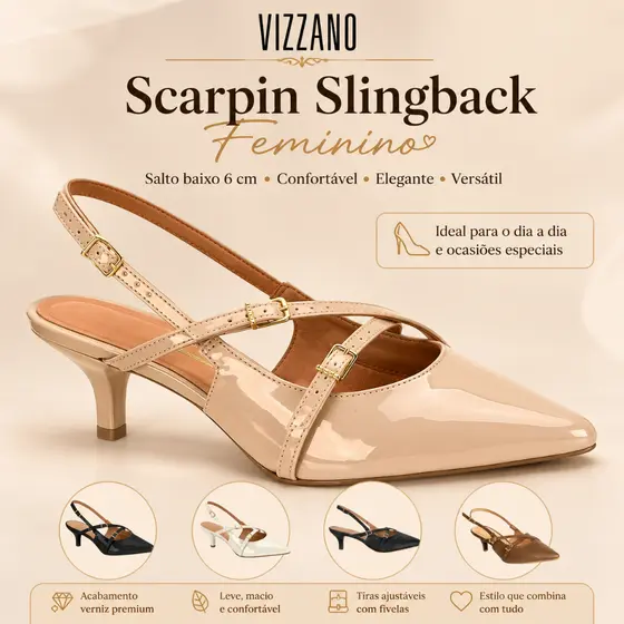 Scarpin Feminino Vizzano Slingback Salto Baixo 6 cm Bico Fino Verniz Confortável Elegante e Versátil