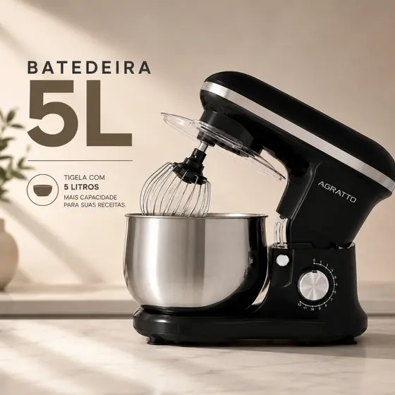 Batedeira de Bolo 5L Batedeira de Bolo 700W Batedeira Planetária Agrato Batedeira Preta 3 Batedores