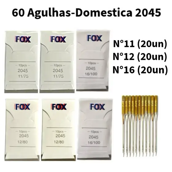 Kit 60 Agulhas Douradas 2045 para Máquina Doméstica Nº 11/12/16 Tamanhos Variados