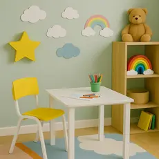 Kit Conjunto Mesa Infantil Quadrada com 1 Cadeira Amarela Estudo Educativa Atividades Clinica Igreja