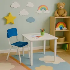 Kit Conjunto Mesa Infantil Quadrada com 1 Cadeira Azul Estudo Educativa Atividades Clínica Igreja