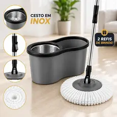 Mop Giratório 360° Esfregão Multiuso 9 litros Com Centrífuga Balde Alça Cabo Reforçado Microfibra Cesto Inox Ou Plástico