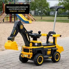 Retroescavadeira Elétrica Infantil 6V Pá Móvel Alça Empurrar Brinquedo Amarelo Resistente Divertido