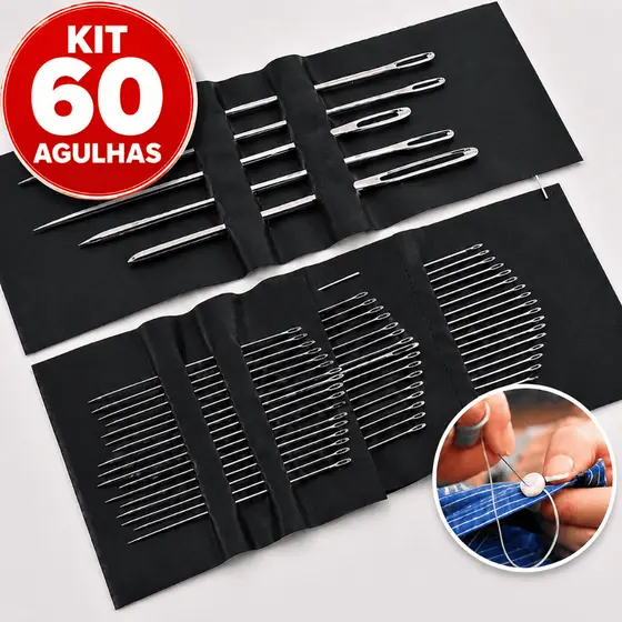 Kit 60 Agulhas de Costura de Mão Ideal para Bordar Remendar Conserto de Roupas