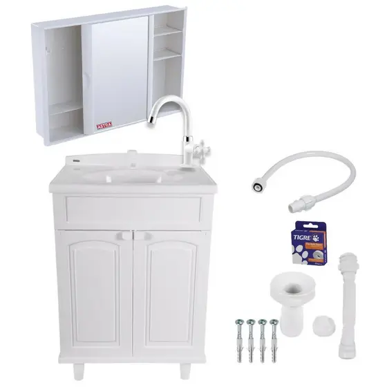 Gabinete e Armário Kit c/ Espelho Branco para Banheiro Plástico Gab Max Astra Completo