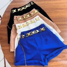Short Feminino Estiloso Alfaiataria Cintura Alta  com Cinto Corrente Tendência Verão