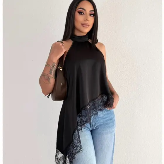 Blusa Feminina Gola Alta Assimétrica  Frente Única Com Renda Bata sofisticada Elegante Tendência Inverno