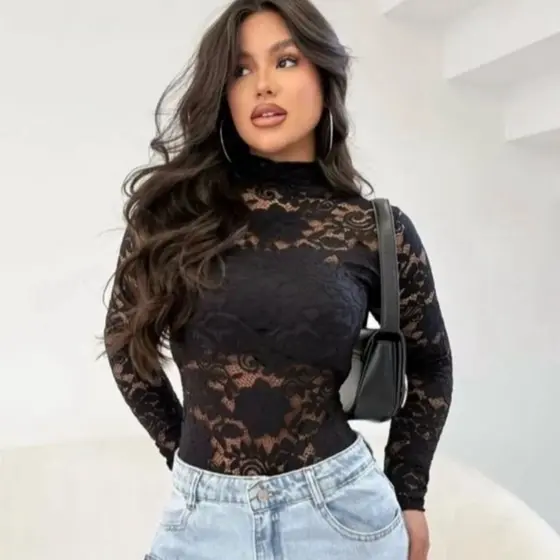 Body de Renda Tule Manga Longa Femenino com flor delicada transparente tendência inverno