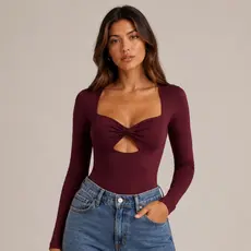 Body Feminino Manga Longa Decote Quadrado Cut Out Twist Malha Segunda Pele