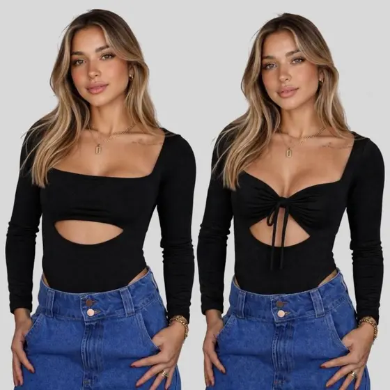 Body Feminino Manga Longa Decote Amarrado Suplex Premium Inverno Elegante Não Marca