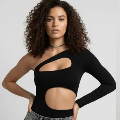 Body Feminino Manga Longa Assimétrico Recorte Busto e Barriga Moda Gringa Estilosa Suplex