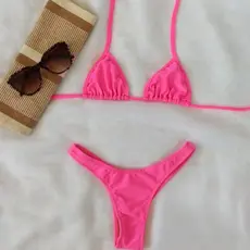 Biquini Cortininha Fio Dental Novo Sem Bojo Asa Delta Preto, rosa e azul