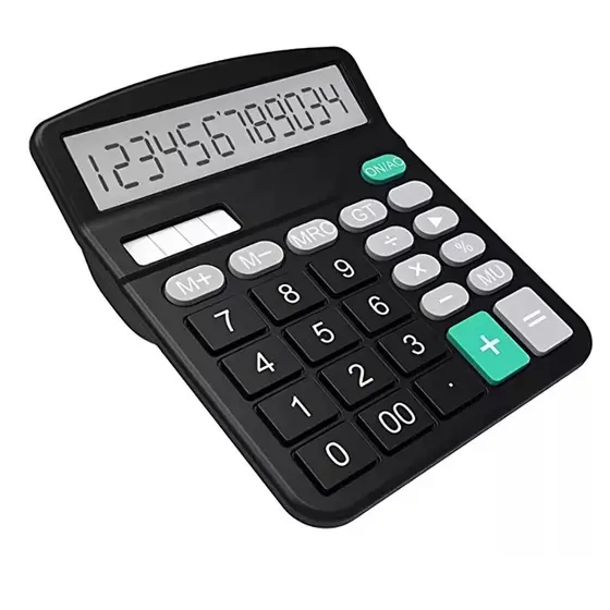 Calculadora de Mesa 12 Dígitos Visor Grande Painel Solar e Pilha Preta Escritório Comércio
