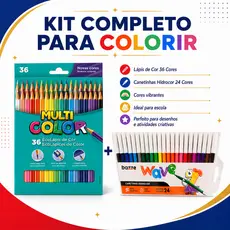 Kit Escolar Multicolor 36 Cores + Canetinha Hidrocor Bazze Wave 24 Cores Colorir e Desenhar