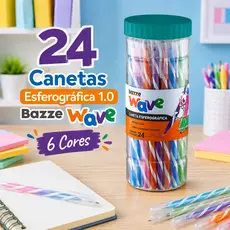 Kit 24 Canetas Esferográficas Bazze Wave 1.0mm 6 Cores Coloridas Escolar Escritório Escrita Média Material Escolar Papel