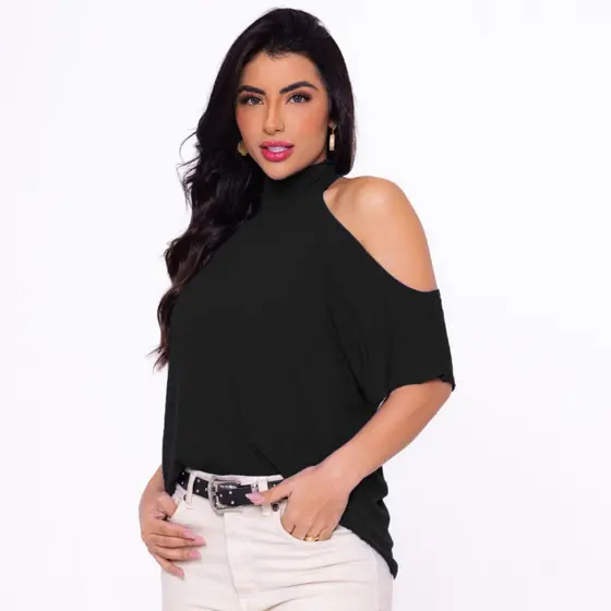 Blusa Manga Curta Versátil Moda Feminina Soltinha Gola Shoker