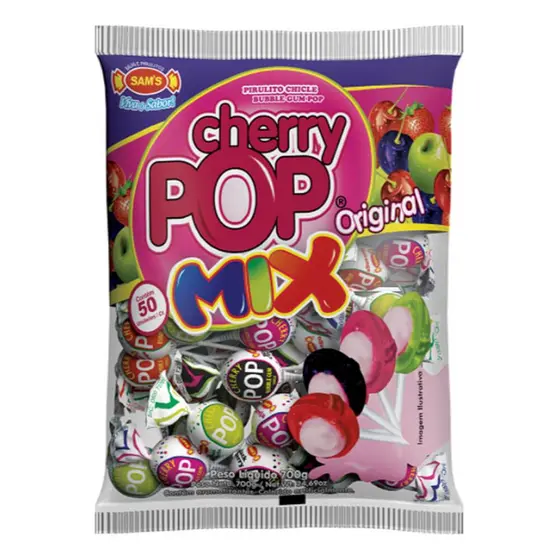50un Pirulito Cherry Pop Sortidos Mix Recheio Chiclete 700grs