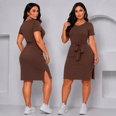Vestido mais vendido tecido confortavel Envio Rápido com Cinto casual Mid fenda lateral moda feminina verão