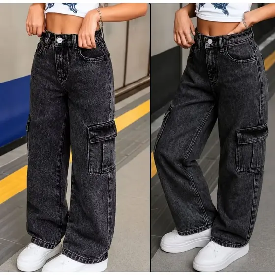 Calça Cargo Jeans Juvenil Feminina Wide Leg Cintura Alta Bolsos Laterais Blogueirinha Menina 10 ao 16 ENVIO 24H