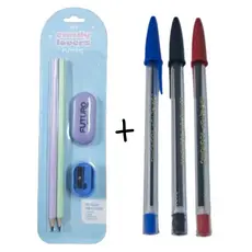 Kit Escolar Candy Lovers Lápis 1 Borracha 1 Apontador + 3 canetas basicas Papelaria Fofa Cor Pastel