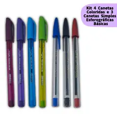 Kit Escolar 4 Canetas Coloridas + 3 Canetas Esferográficas Básicas