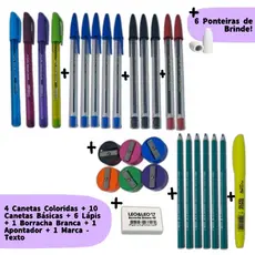 Kit Escolar 4 Canetas Coloridas + 10 Canetas Simples + 1 Marcador + 6 Lápis e 1 Borracha