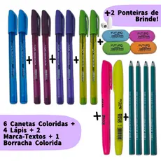 Kit Escolar 08 Canetas Coloridas + 02 Marca-Textos + 4 Lápis e 1 Borracha Colorida